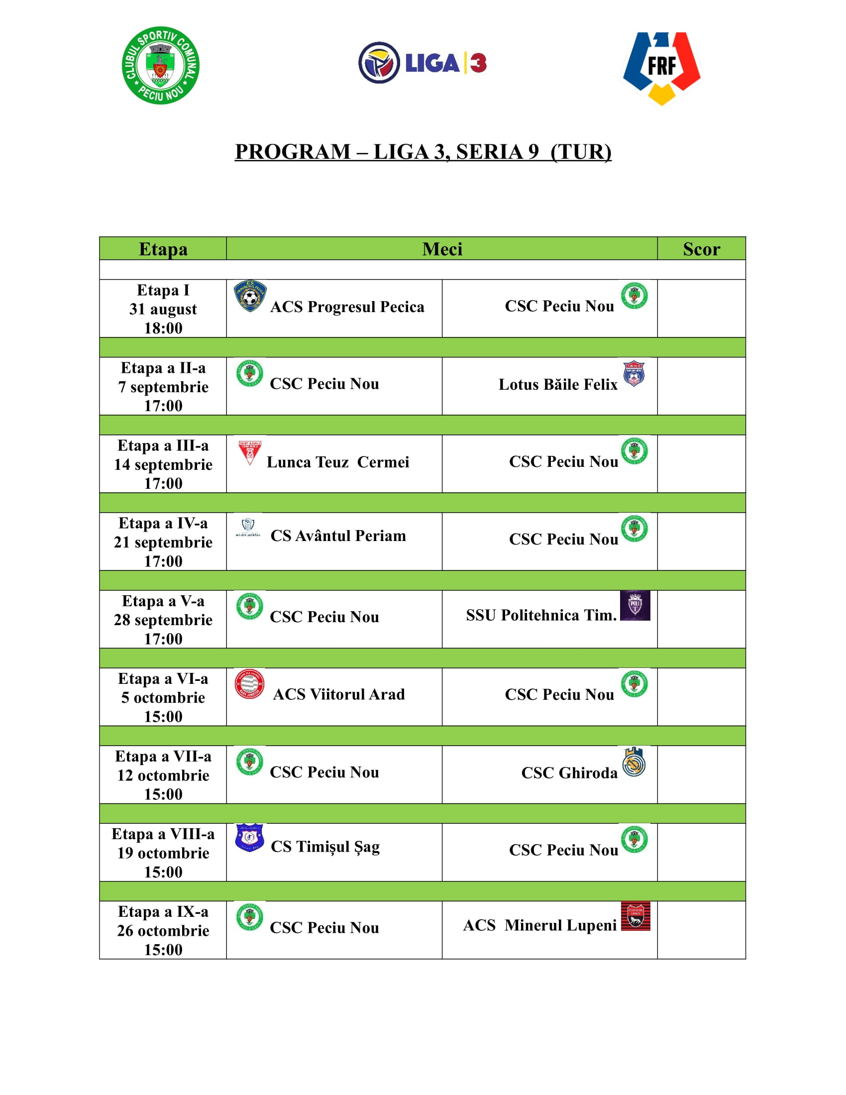 Program Liga 3 - Seria 9 / Începem cu Pecica - Terminăm cu Lupeni